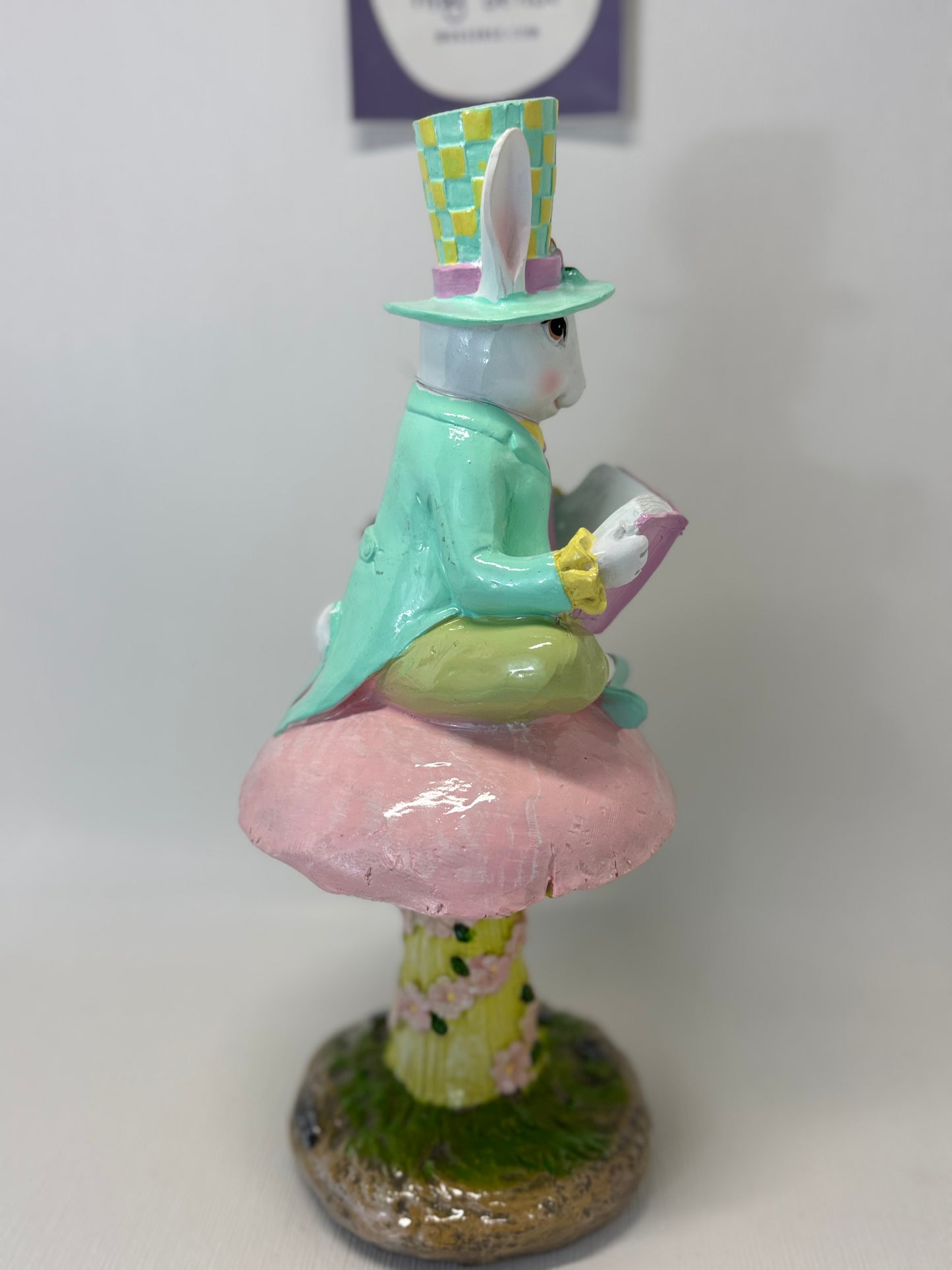 Tophat & Tail Pastel Easter Mad Hatter Bunny Sitting on Mushroom