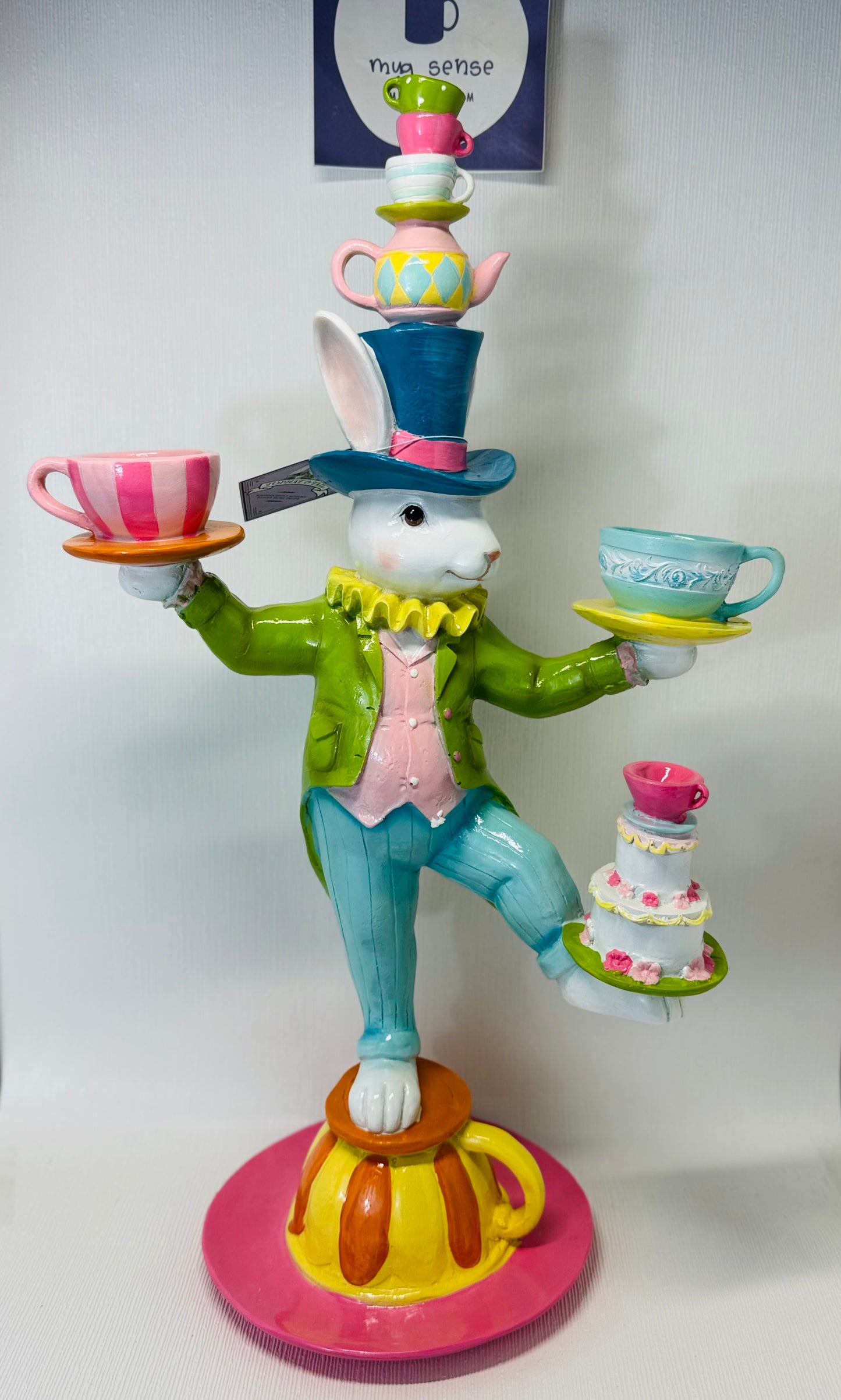 Tophat & Tail Mad Hatter Easter Bunny Balancing Tea Cups 24" TALL