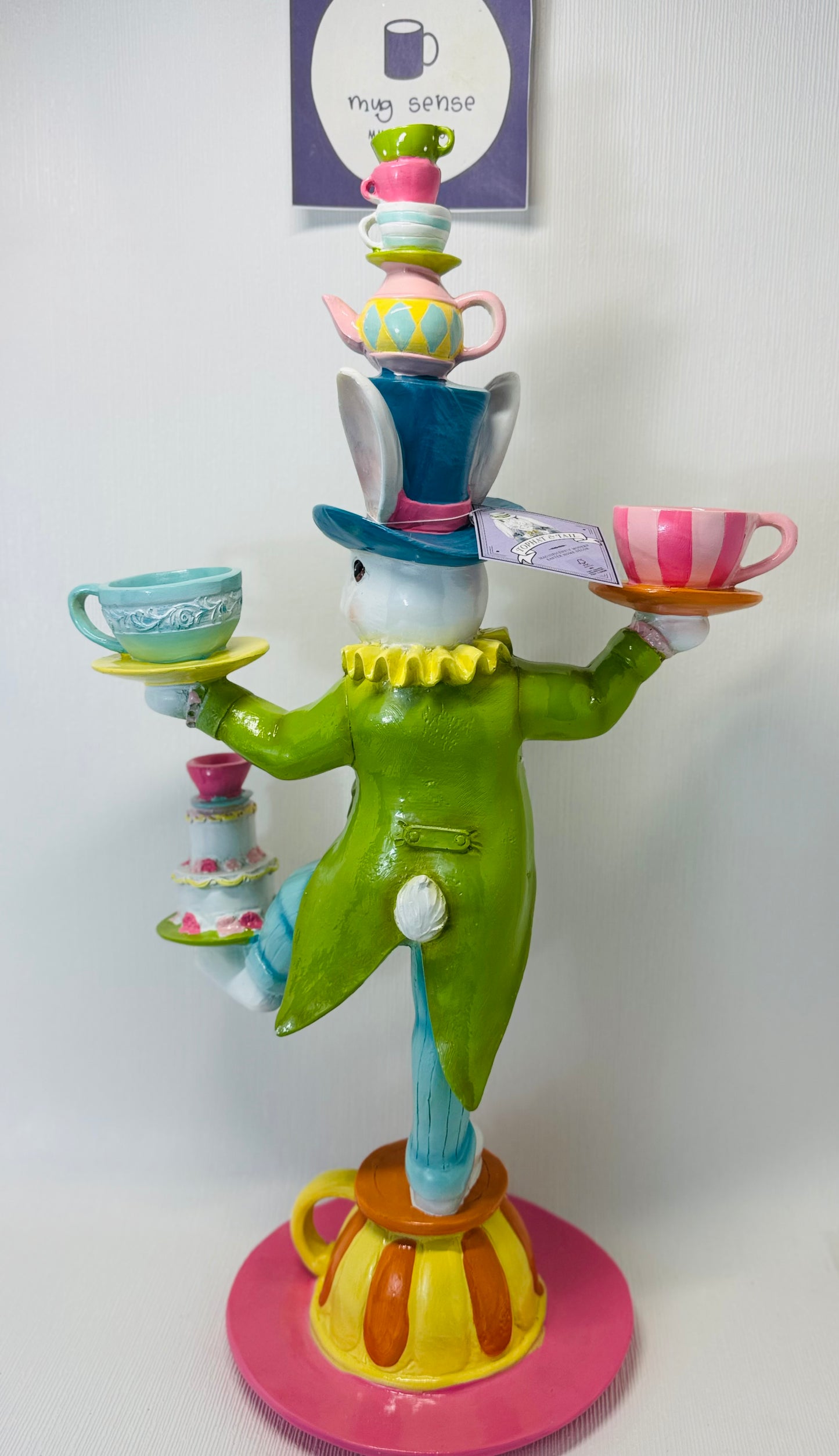 Tophat & Tail Mad Hatter Easter Bunny Balancing Tea Cups 24" TALL