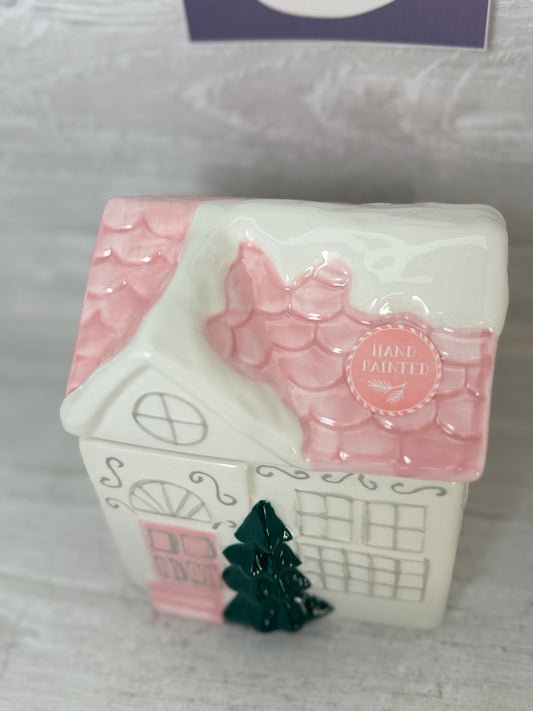 Peppermint and Pine Pink House Cookie Jar (Tree)