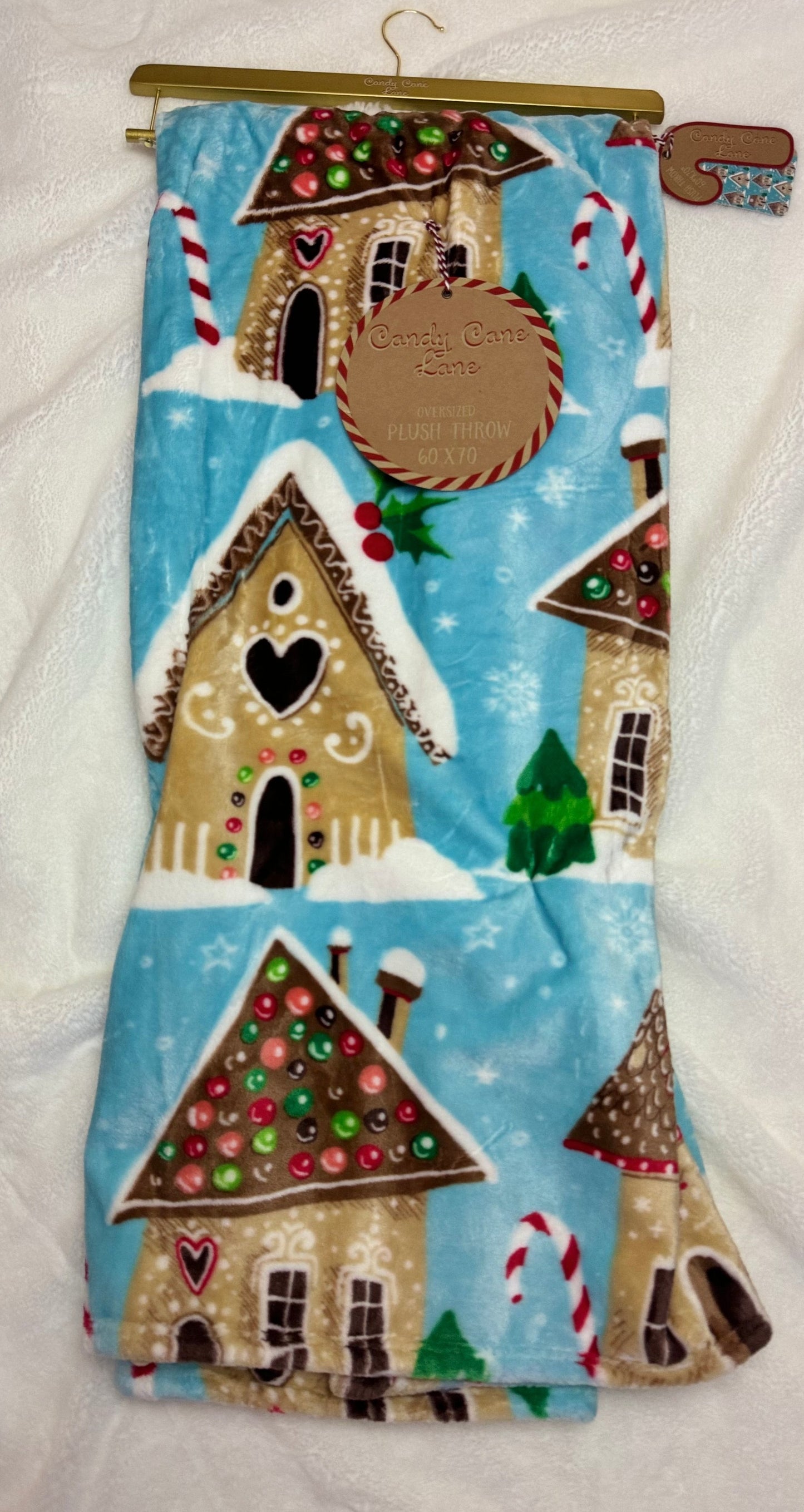 Candy Cane Lane Blue Gingerbread House Throw