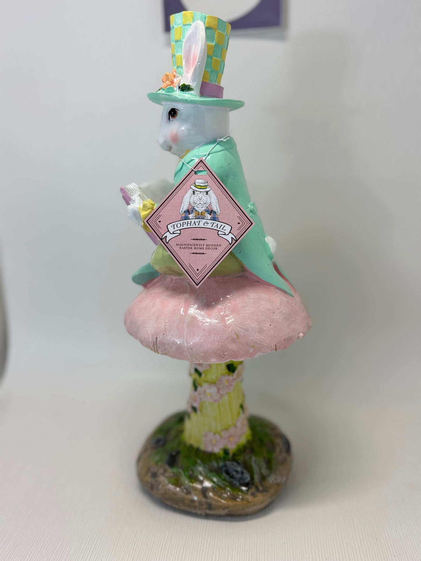 Tophat & Tail Pastel Easter Mad Hatter Bunny Sitting on Mushroom