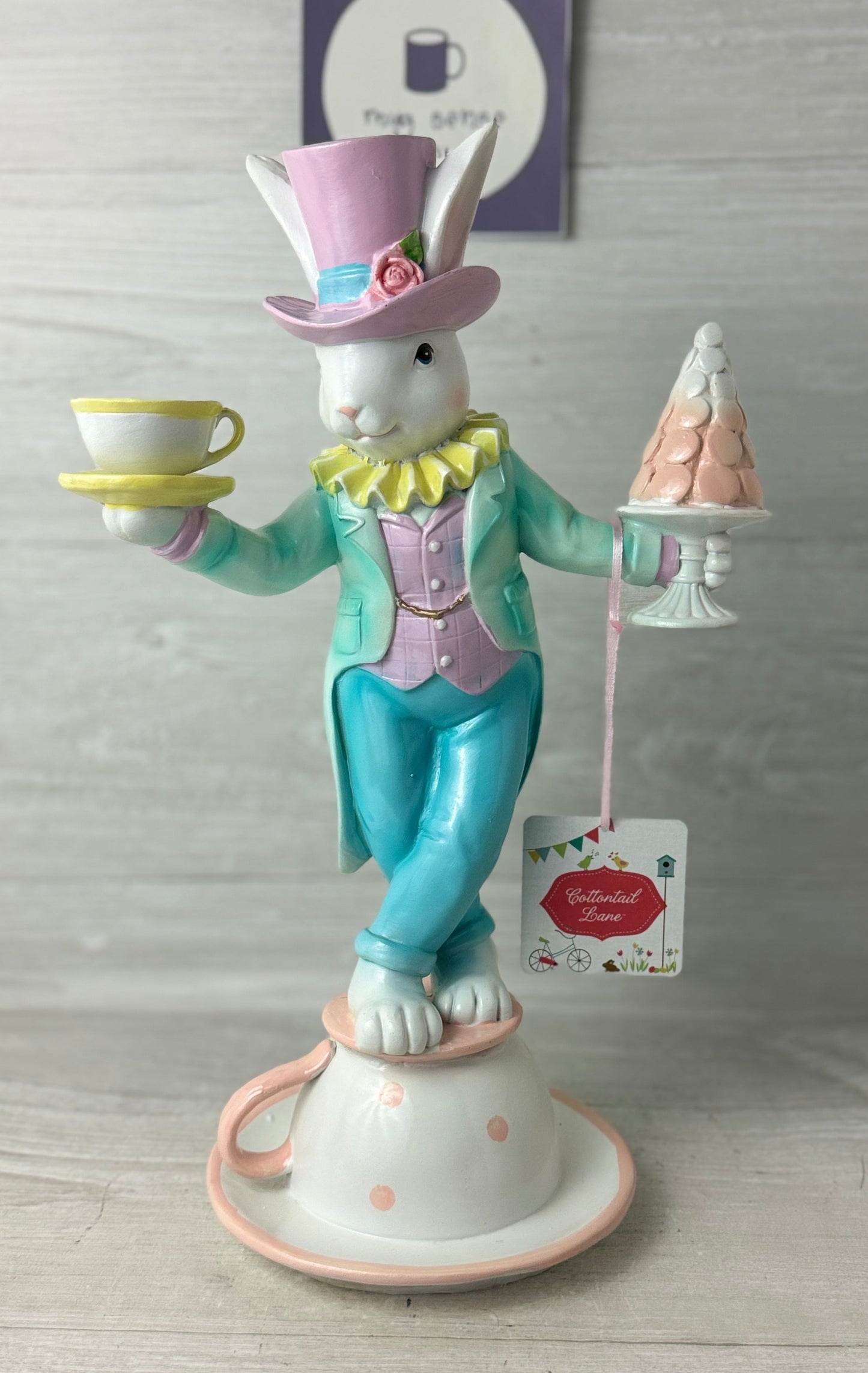 Cottontail Lane 16" Large Bunny Balancing on Teacup