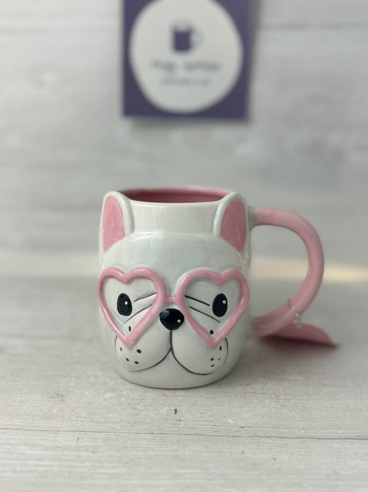 Hand Painted Frenchie Dog With Glasses Mug