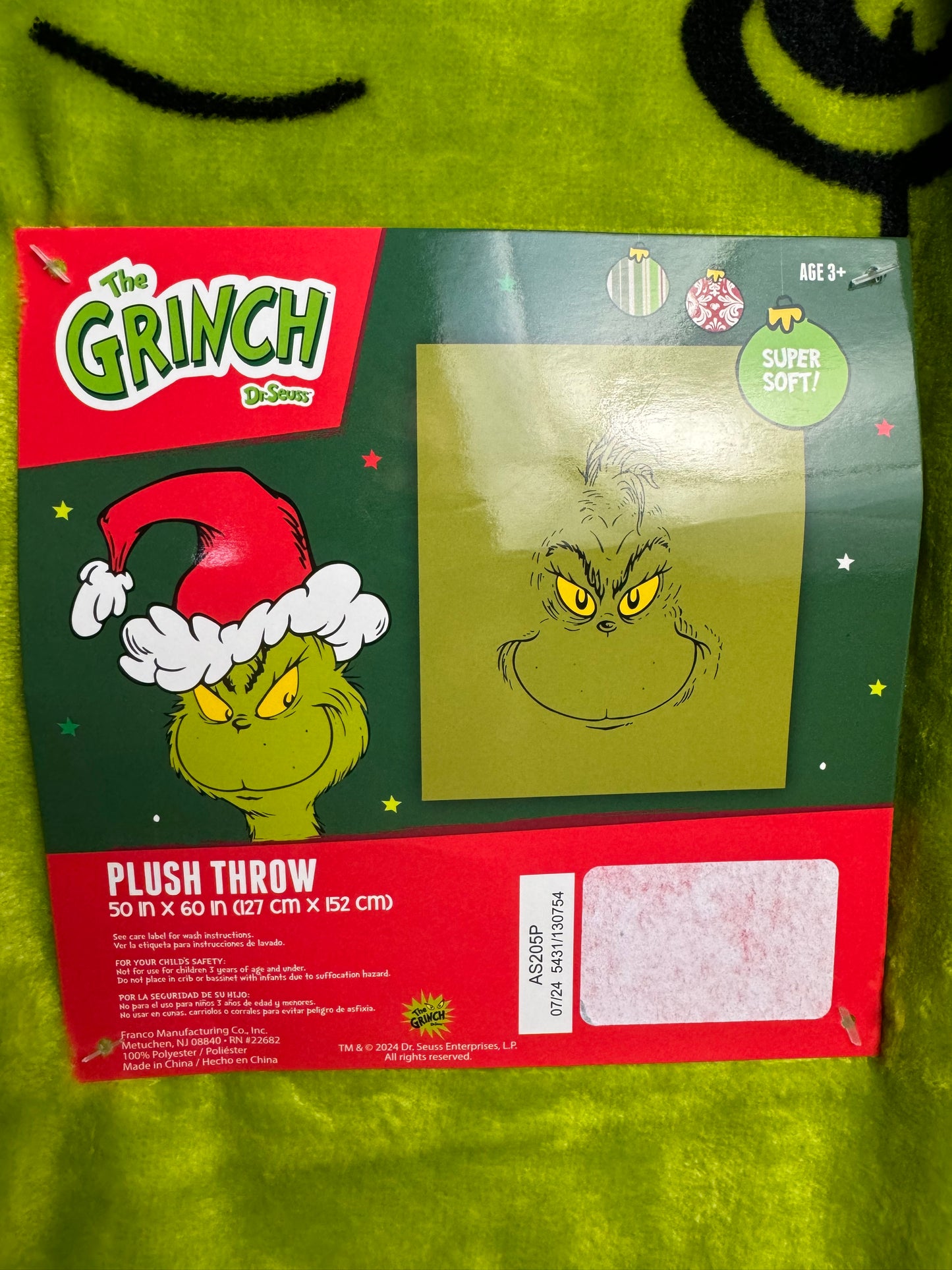 Grinch Christmas Throw Blanket~ Green Grinch Face