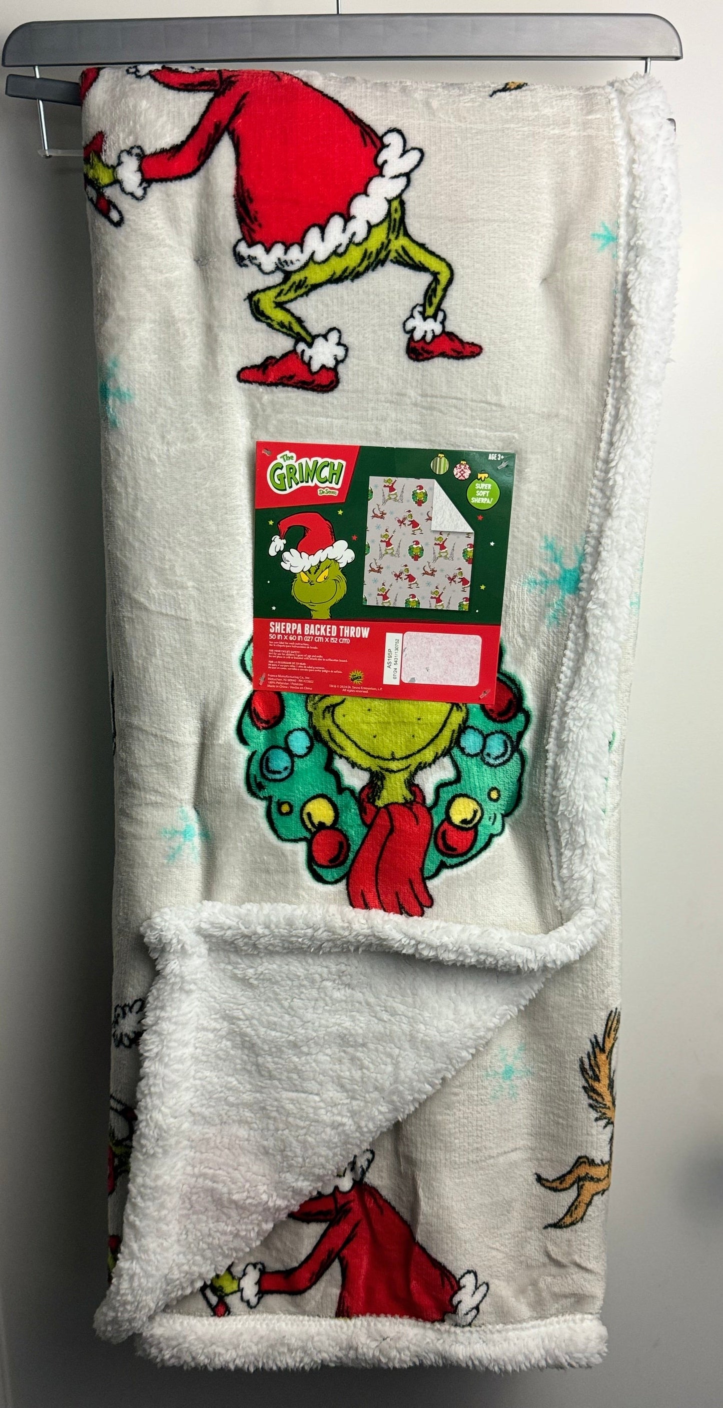 Grinch Christmas Throw Blanket~ Gray Sherpa