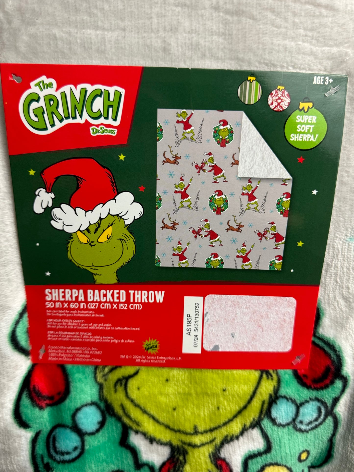 Grinch Christmas Throw Blanket~ Gray Sherpa