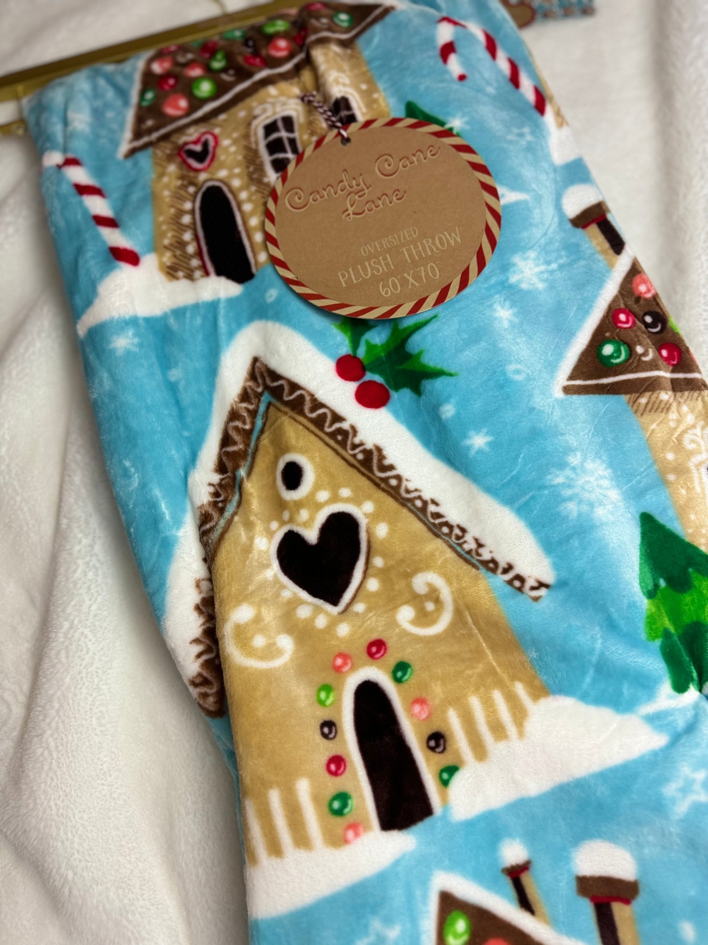 Candy Cane Lane Blue Gingerbread House Throw