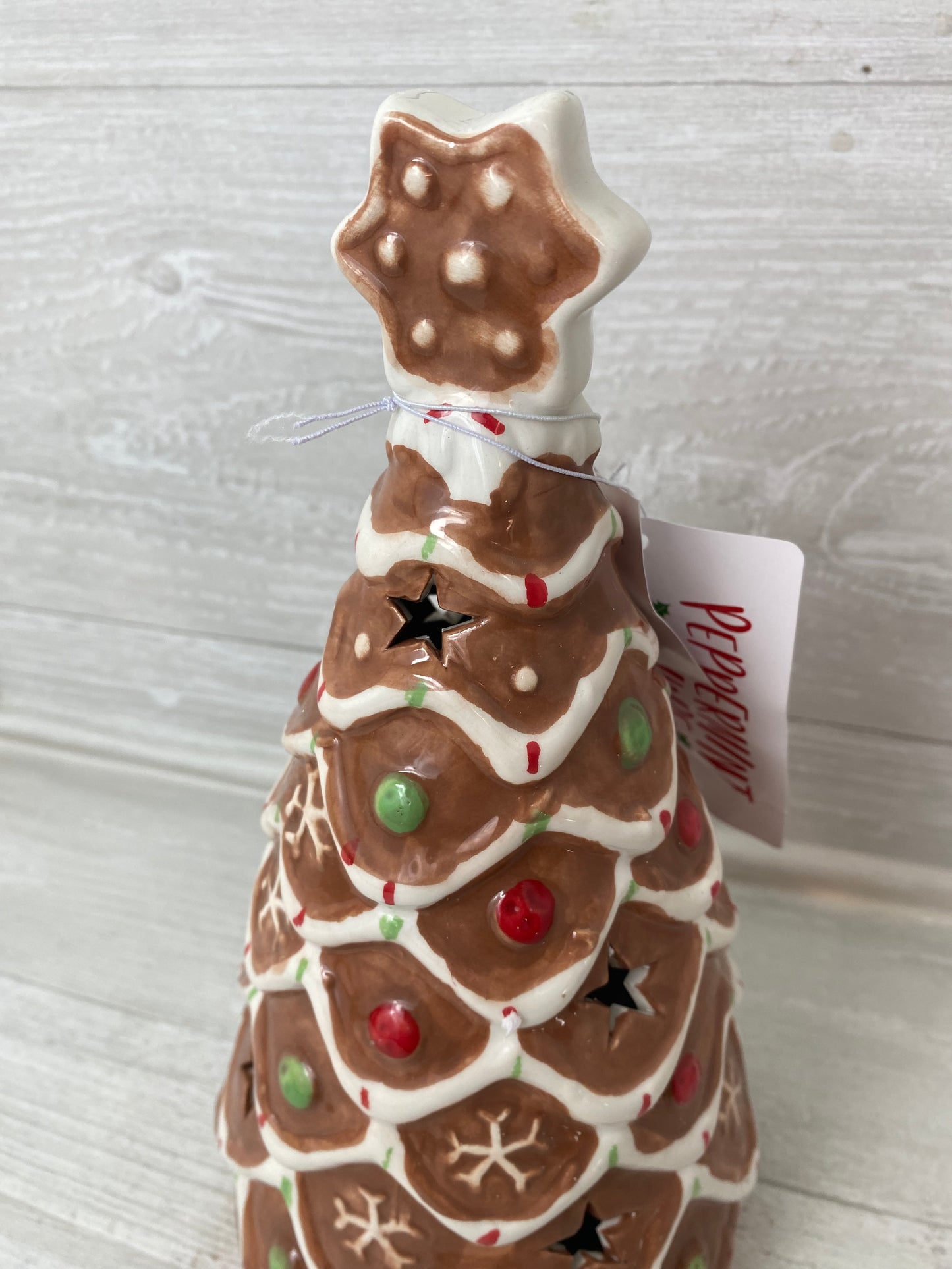 Peppermint Square Lighted Gingerbread Ceramic Tree