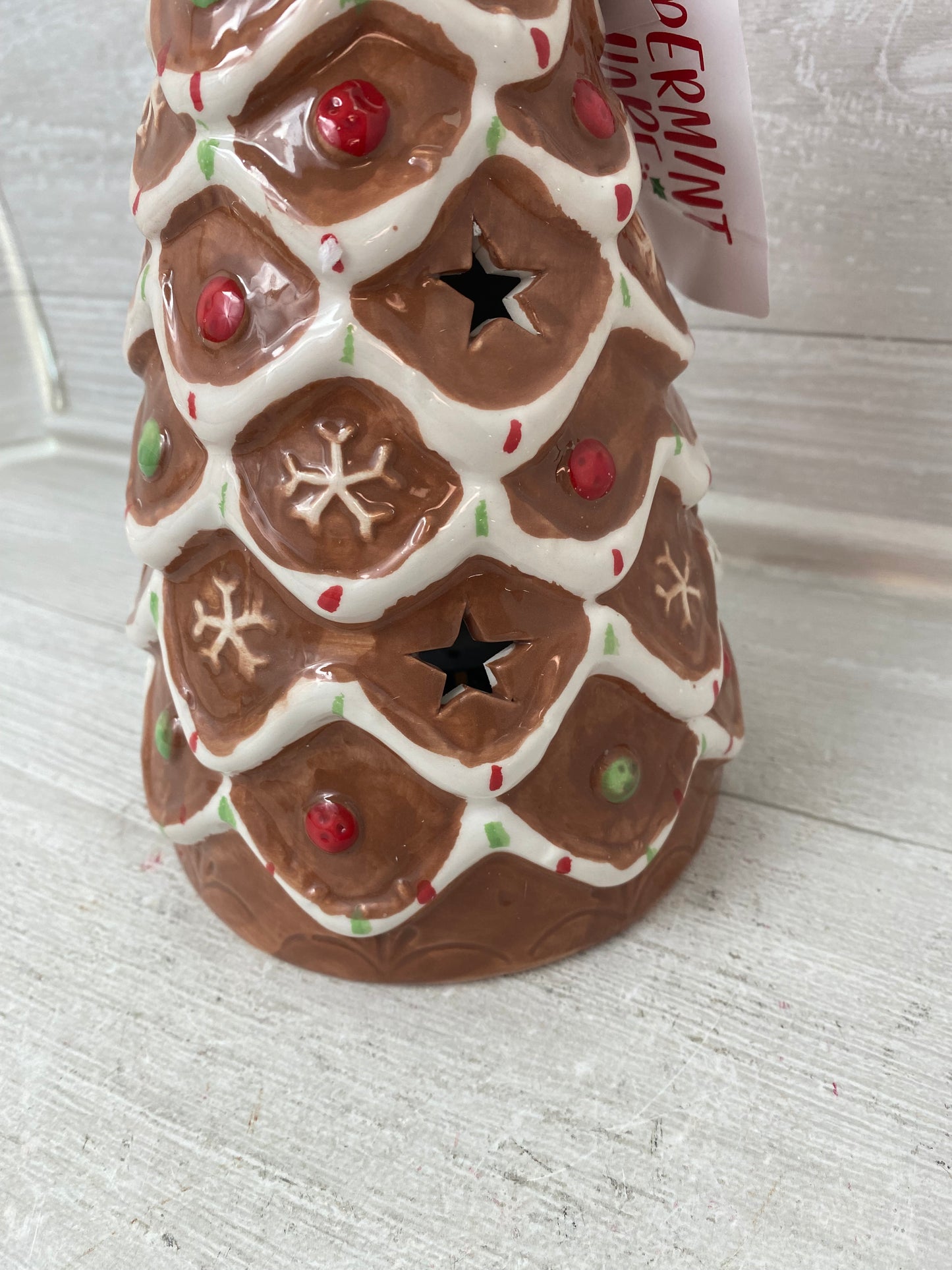 Peppermint Square Lighted Gingerbread Ceramic Tree