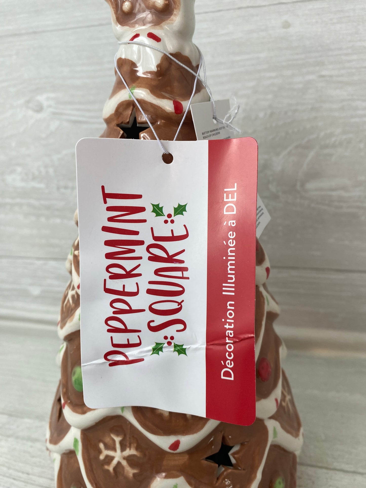 Peppermint Square Lighted Gingerbread Ceramic Tree