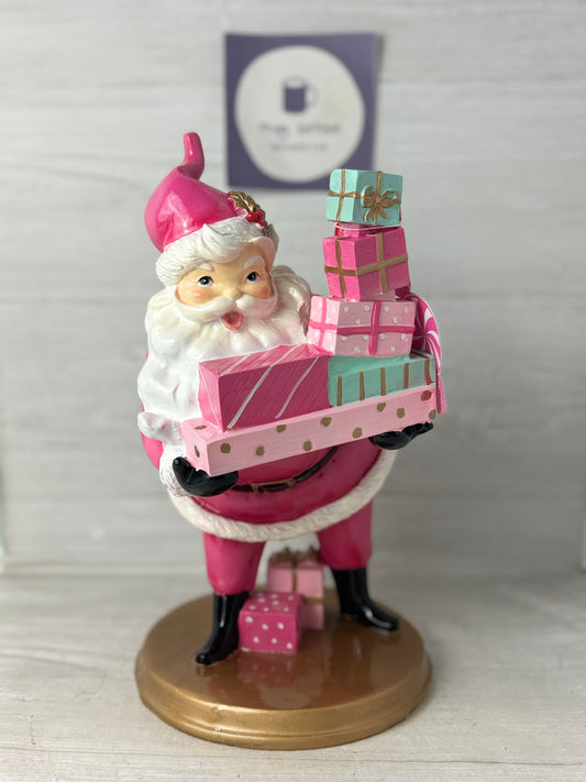 Peppermint Square Pink Santa Claus With Presents Figure