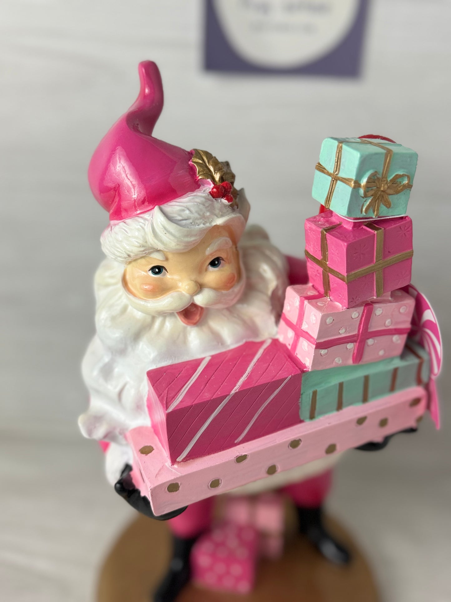 Peppermint Square Pink Santa Claus With Presents Figure