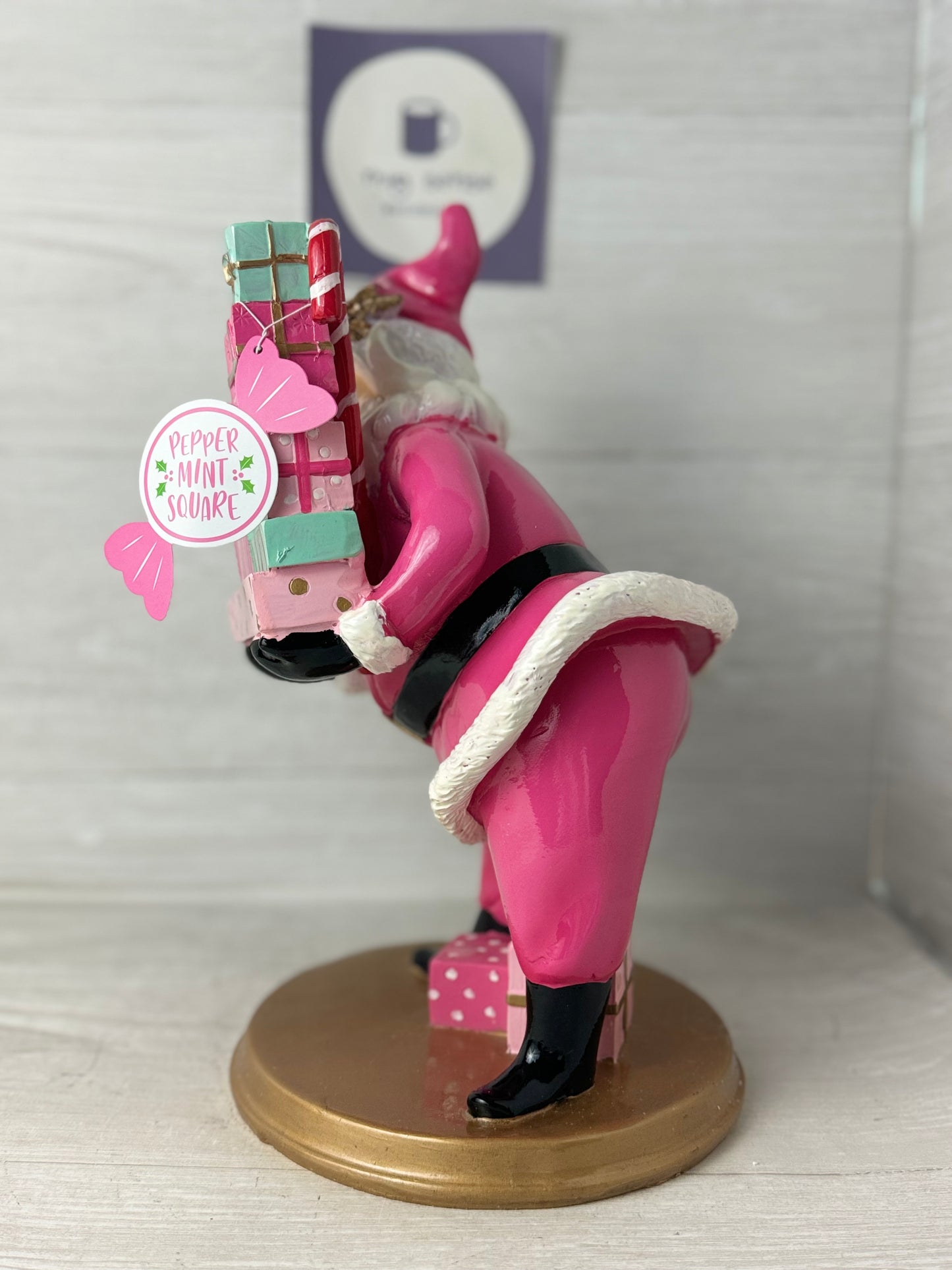 Peppermint Square Pink Santa Claus With Presents Figure