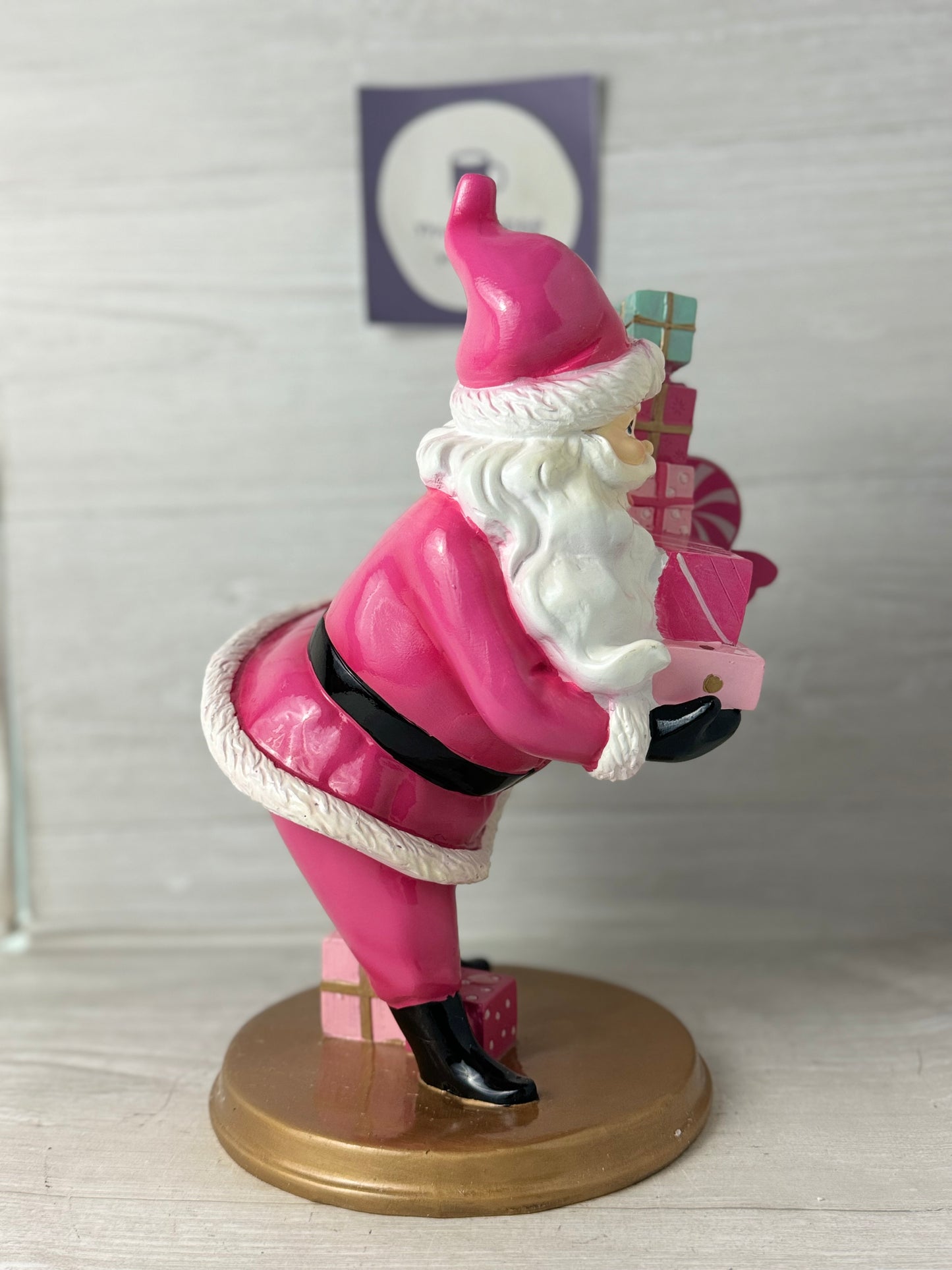 Peppermint Square Pink Santa Claus With Presents Figure