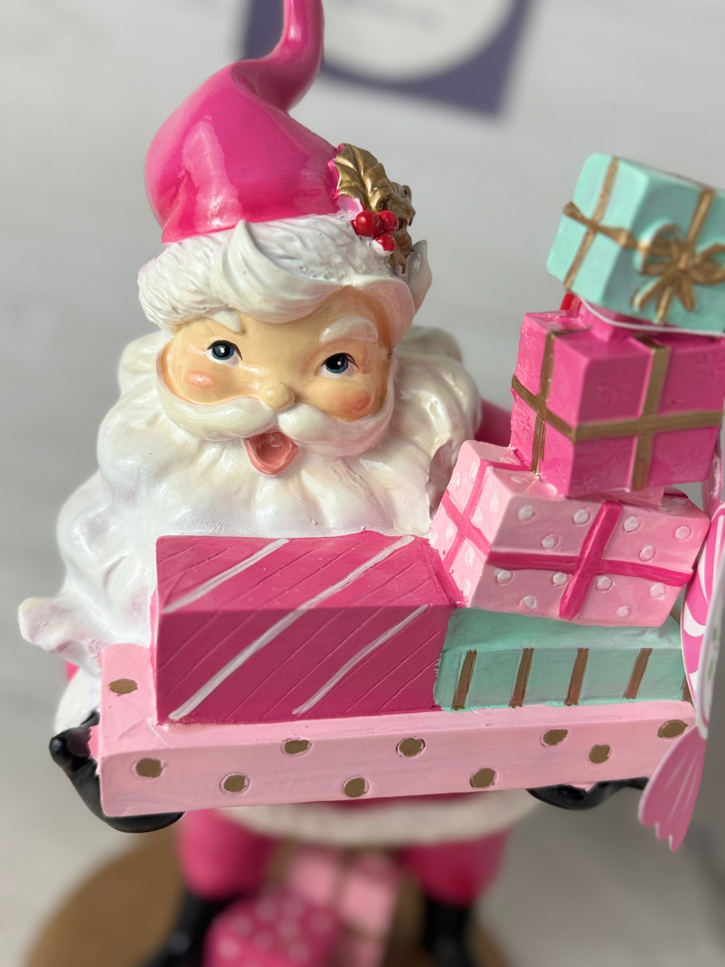 Peppermint Square Pink Santa Claus With Presents Figure