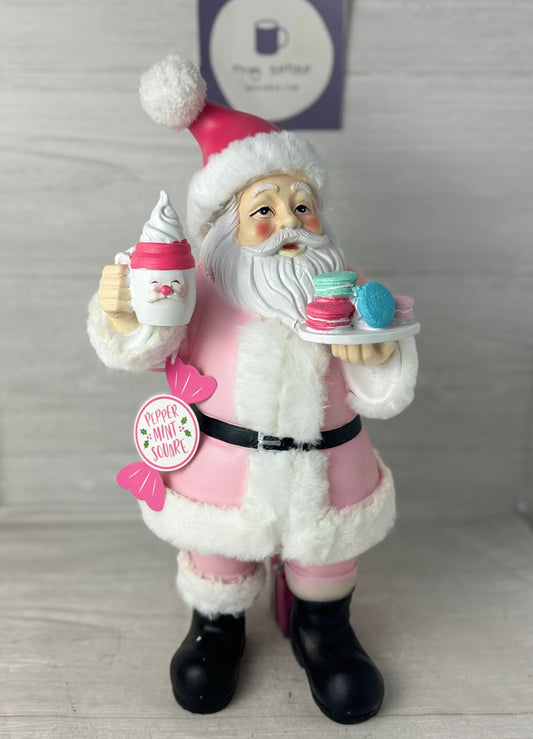 Peppermint Square Pink Santa holding Hot Cocoa Mug & Macaroon Cookies