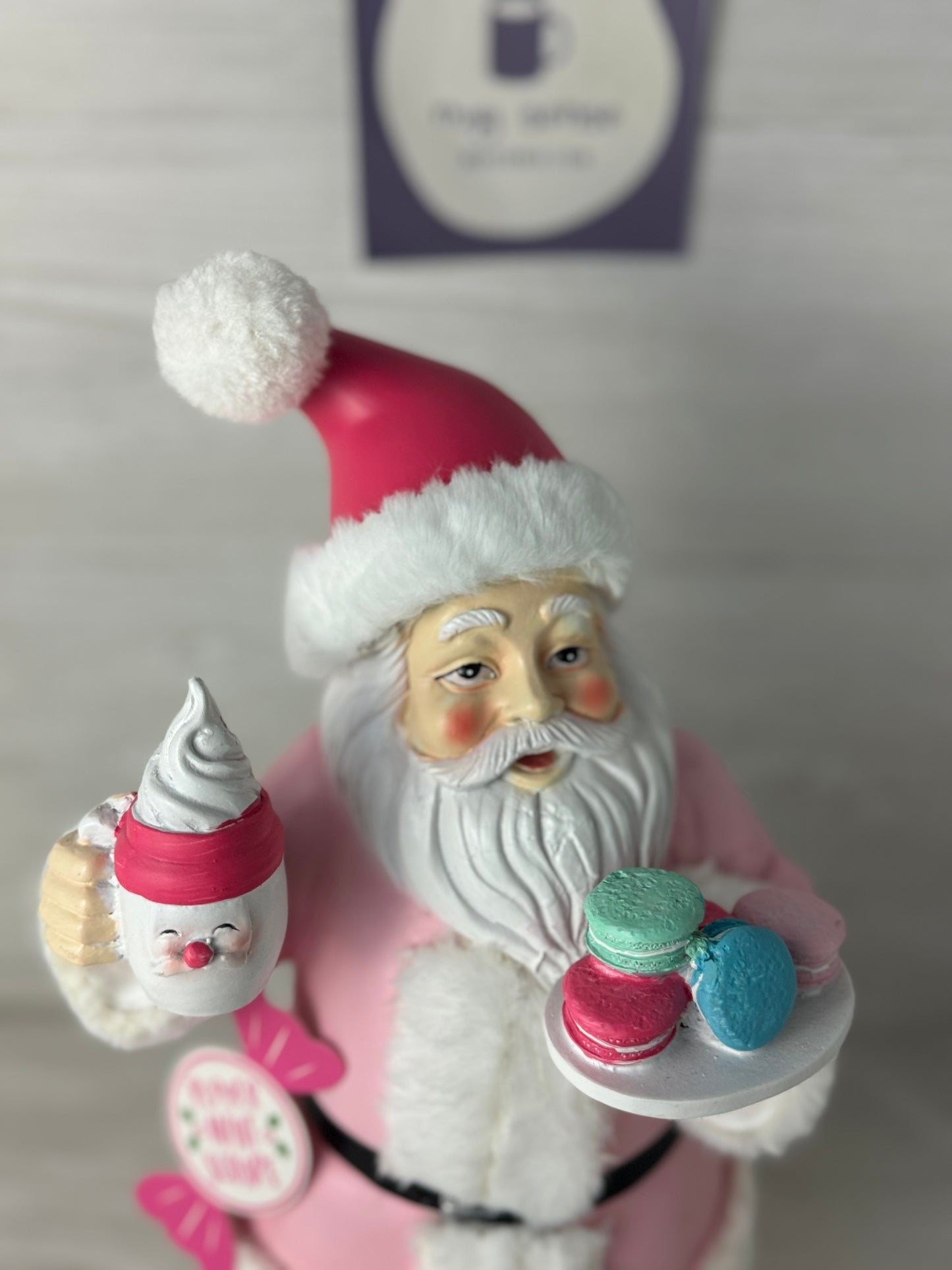 Peppermint Square Pink Santa holding Hot Cocoa Mug & Macaroon Cookies