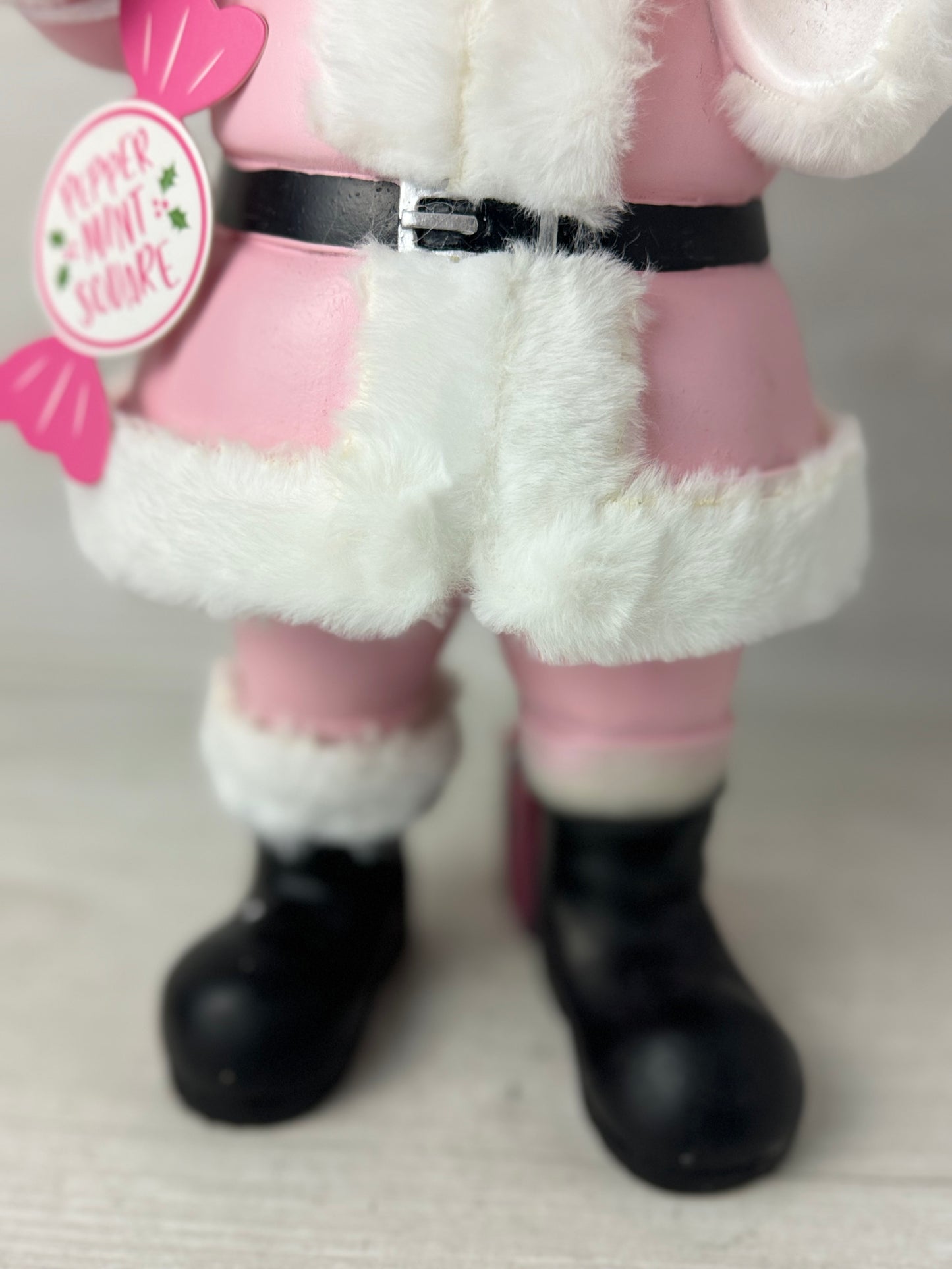 Peppermint Square Pink Santa holding Hot Cocoa Mug & Macaroon Cookies