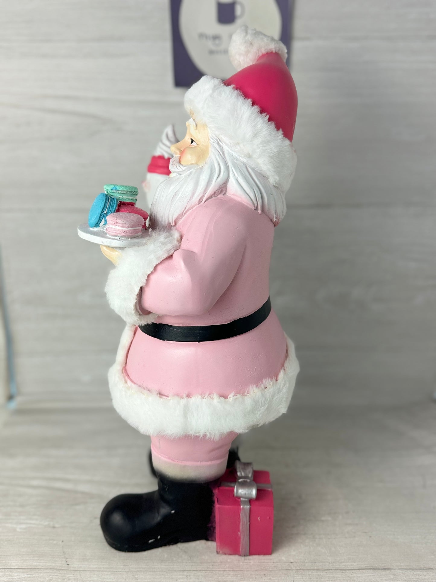 Peppermint Square Pink Santa holding Hot Cocoa Mug & Macaroon Cookies