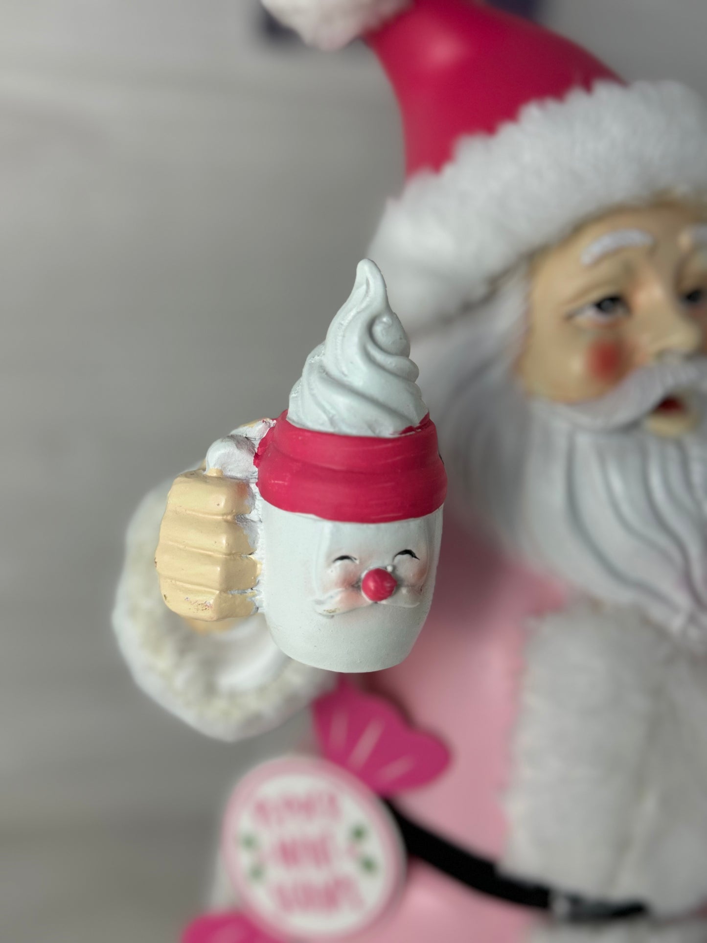 Peppermint Square Pink Santa holding Hot Cocoa Mug & Macaroon Cookies