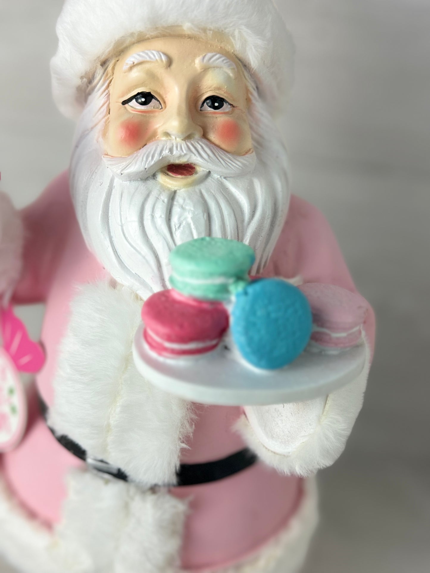 Peppermint Square Pink Santa holding Hot Cocoa Mug & Macaroon Cookies