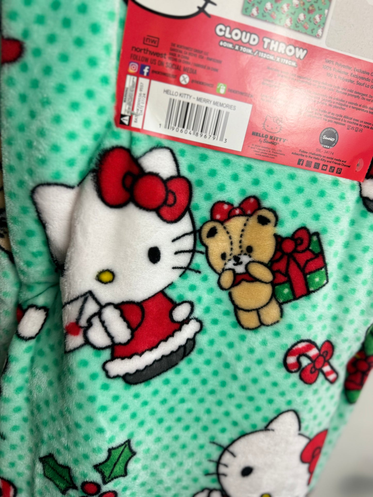 Hello Kitty Christmas Green Polka Dot Teddy Bear Throw Blanket