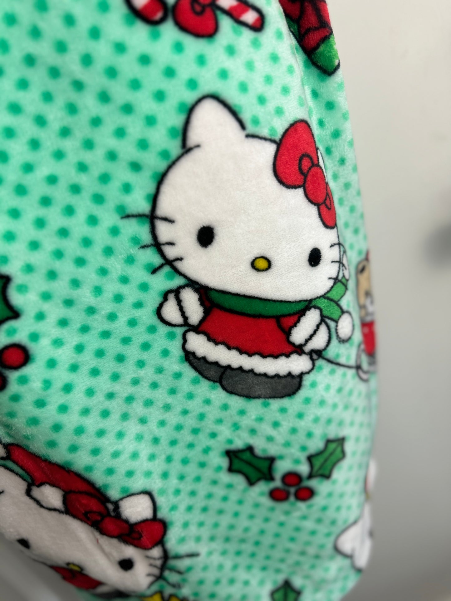 Hello Kitty Christmas Green Polka Dot Teddy Bear Throw Blanket