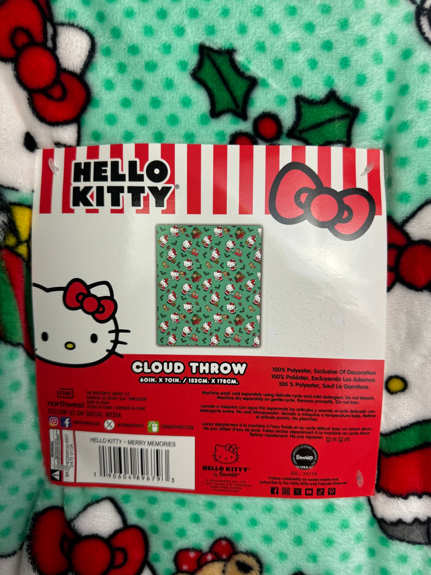 Hello Kitty Christmas Green Polka Dot Teddy Bear Throw Blanket