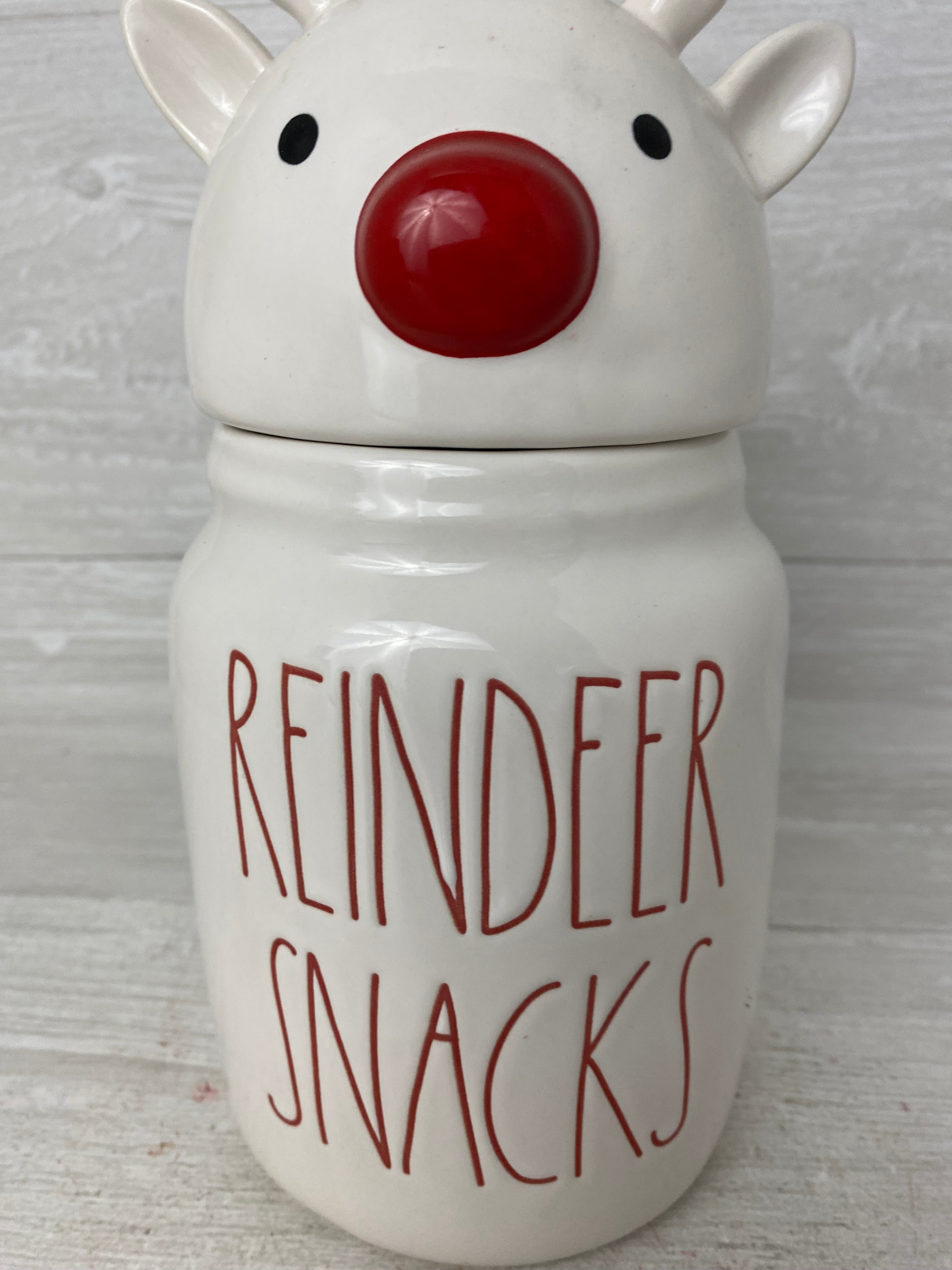 RAE DUNN red REINDEER SNACKS canister & white REINDEER on sale SNACKS canister